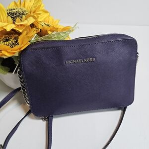 Michael Kors Purple Leather Crossbody Silver Hardware Chain Accent Zip